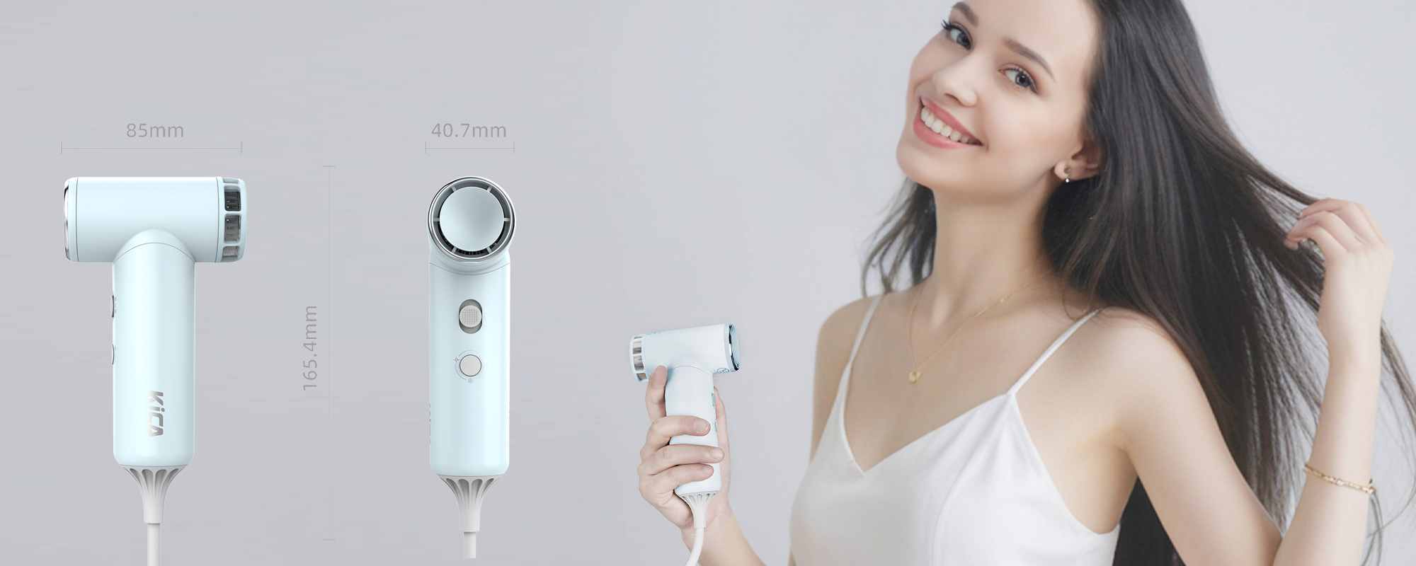 Suszarka do włosów z funkcją jonizowania KiCA HD wymiary oraz kobieta susząca włosy